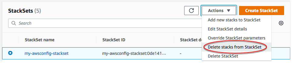 Escolher Excluir pilhas do StackSet no menu Ações.