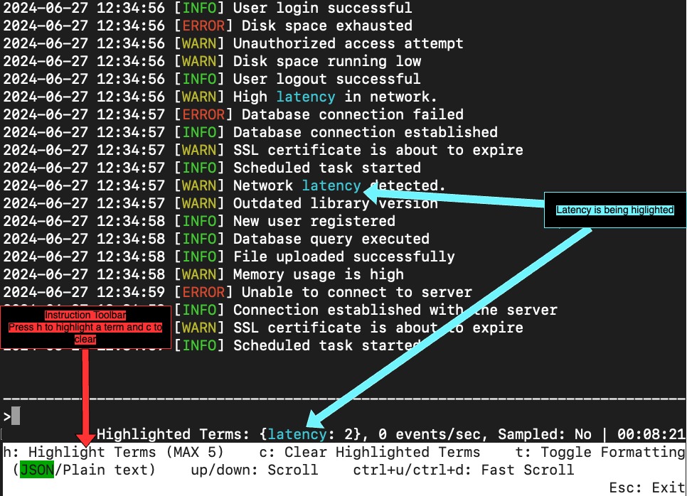 Uma captura de tela de uma sessão interativa do Live Tail, com eventos de log listados na tela e todas as ocorrências de “latência” destacadas.