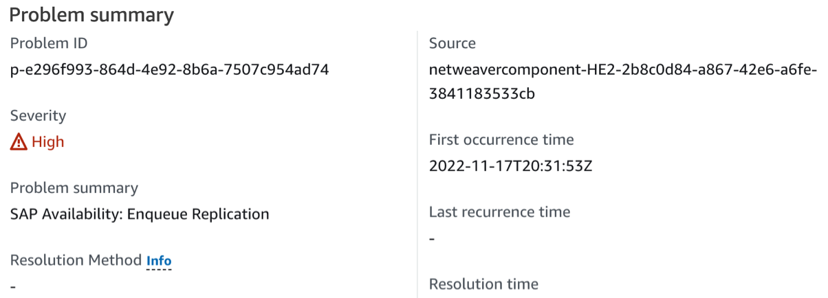 Resumo do problema no CloudWatch Application Insights com o erro SAP Availability: Enqueue replication (Disponibilidade do SAP: erro de replicação em fila) listado.