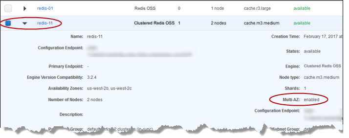 Imagem: Área de detalhes de um cluster Redis OSS habilitado para Multi-AZ