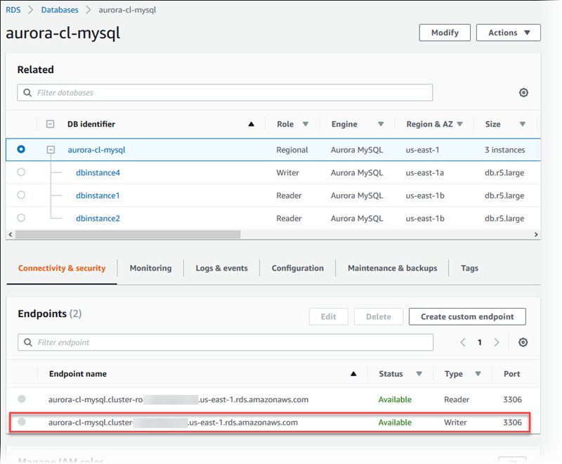 Painel de detalhes do endpoint de gravação do Aurora MySQL exibindo o endereço de conexão para conectividade com o banco de dados.