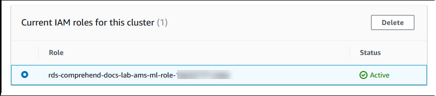 Integração do IAM concluída para usar o Amazon Comprehend com o Aurora MySQL, mostrando o perfil ativo.