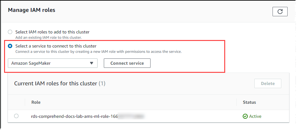 Imagem mostrando o SageMaker selecionado para o cluster de banco de dados do Aurora MySQL.