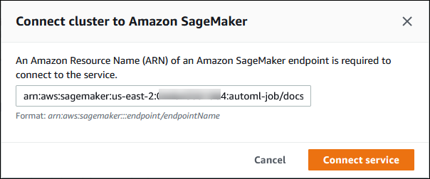 Imagem mostrando o nome do recurso da Amazon (ARN) para o endpoint do SageMaker inserido durante o processo de configuração.