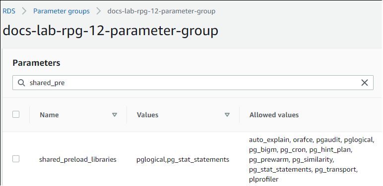 Imagem do parâmetro shared_preload_libraries com pglogical adicionada.