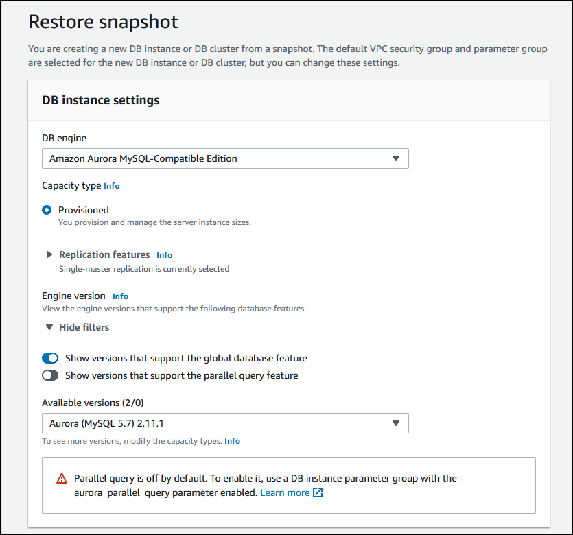 Captura de tela que mostra a página de restauração do snapshot para um banco de dados global Aurora.