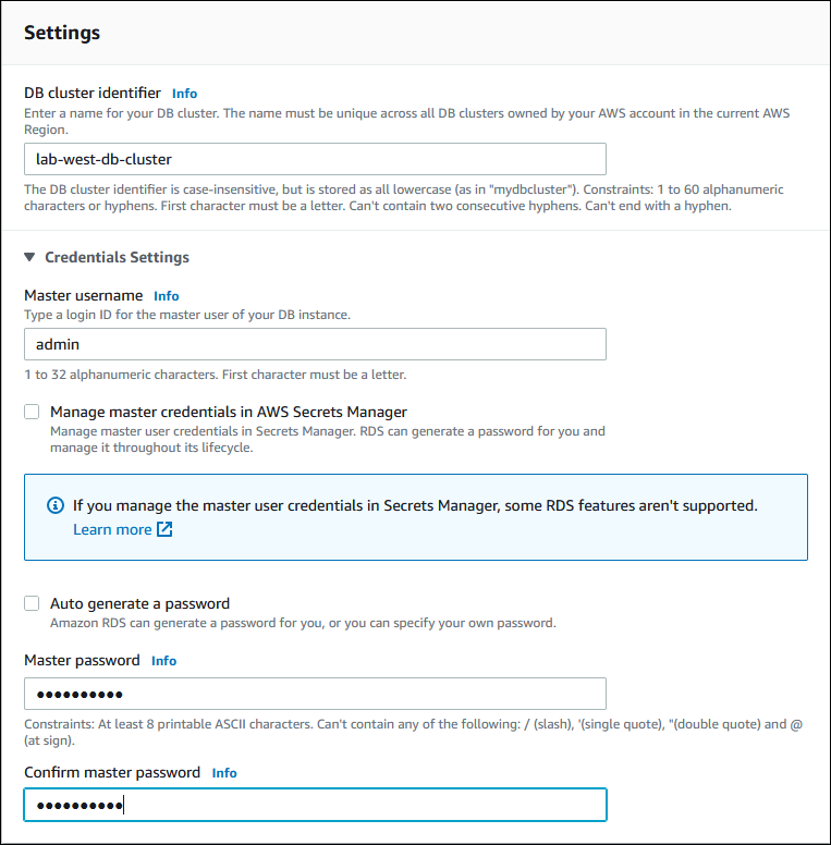 Screenshot of Settings choices when creating a global database (Captura de tela das opções de Configurações ao criar um banco de dados global)