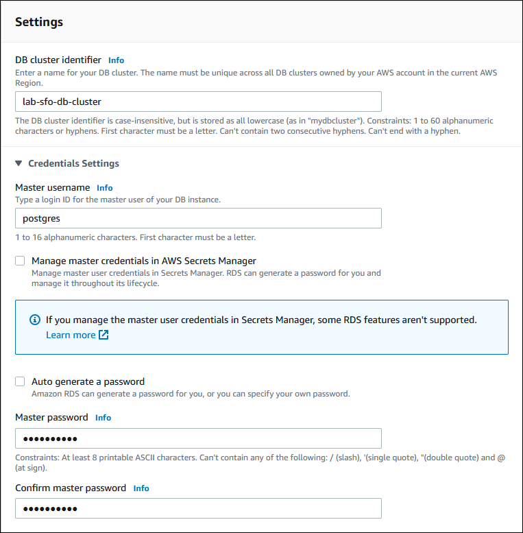 Screenshot of Settings choices when creating a global database (Captura de tela das opções de Configurações ao criar um banco de dados global)