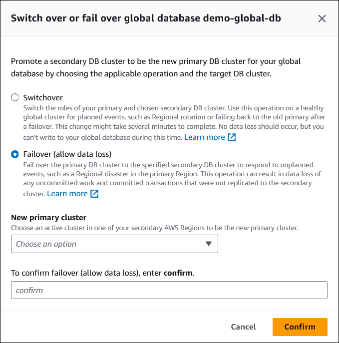 Caixa de diálogo “Fazer troca ou failover do banco de dados global” com a opção “Fazer failover (permitir perda de dados)” selecionada.