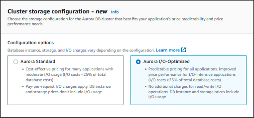 Configuração de armazenamento do cluster exibindo Aurora I/O-Optimized.
