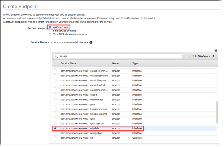 Criar um endpoint da Amazon VPC para a API de dados