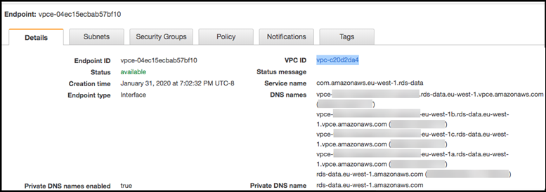 Link para os detalhes do Amazon VPC endpoint