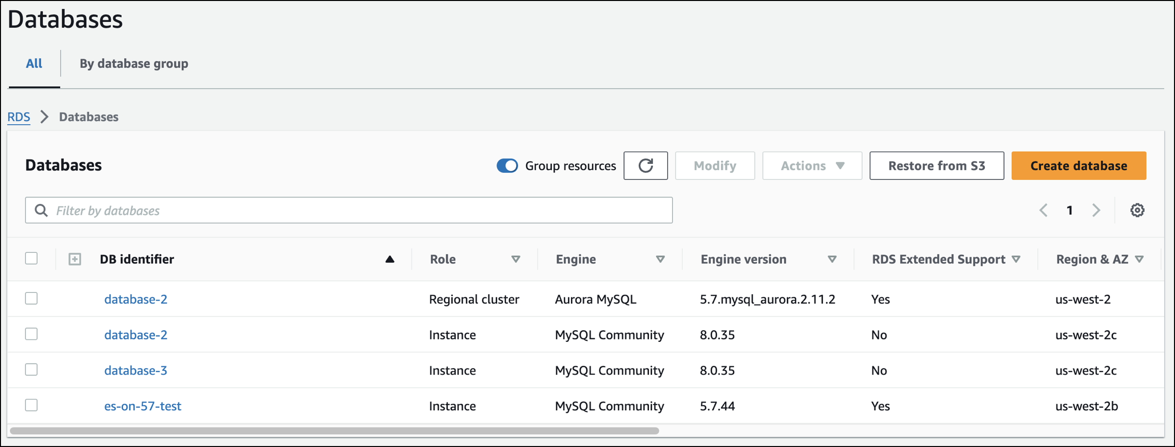 A seção Bancos de dados com a configuração Suporte estendido do RDS para cada banco de dados no console do RDS.