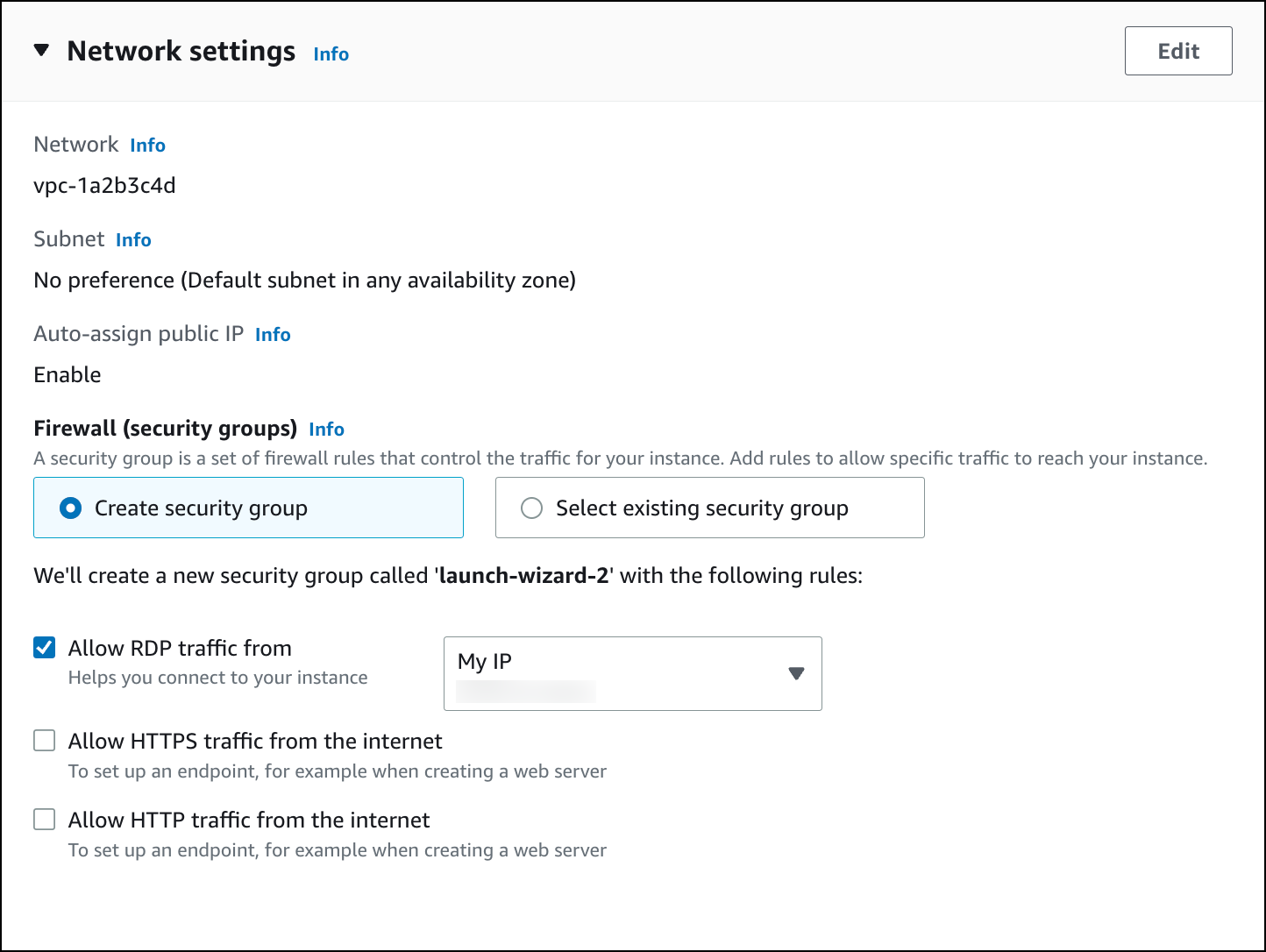 Configurações de rede para uma instância do EC2.