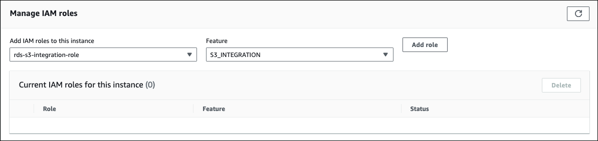 O recurso S3_INTEGRATION foi adicionado ao perfil do IAM para uma instância de banco de dados.