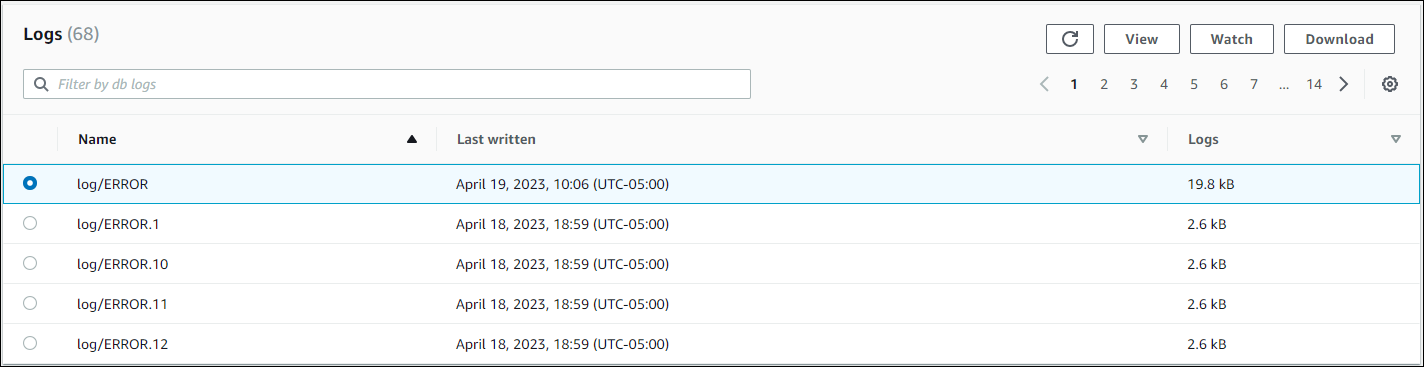 Uma imagem da seção Logs do console do Amazon RDS com um log de erros selecionado.