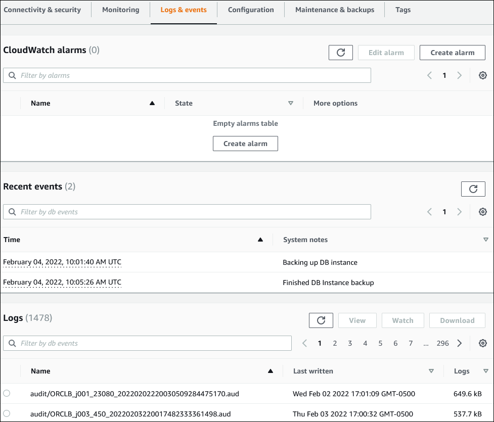 Página de banco de dados com guia “Logs & events” (Logs e eventos) mostrada