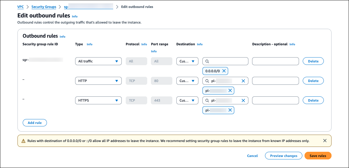 Regras de saída para tráfego HTTP e HTTPS para o S3.