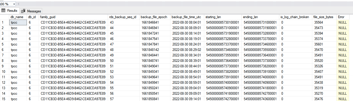 Saída de rds_fn_list_tlog_backup_metadata