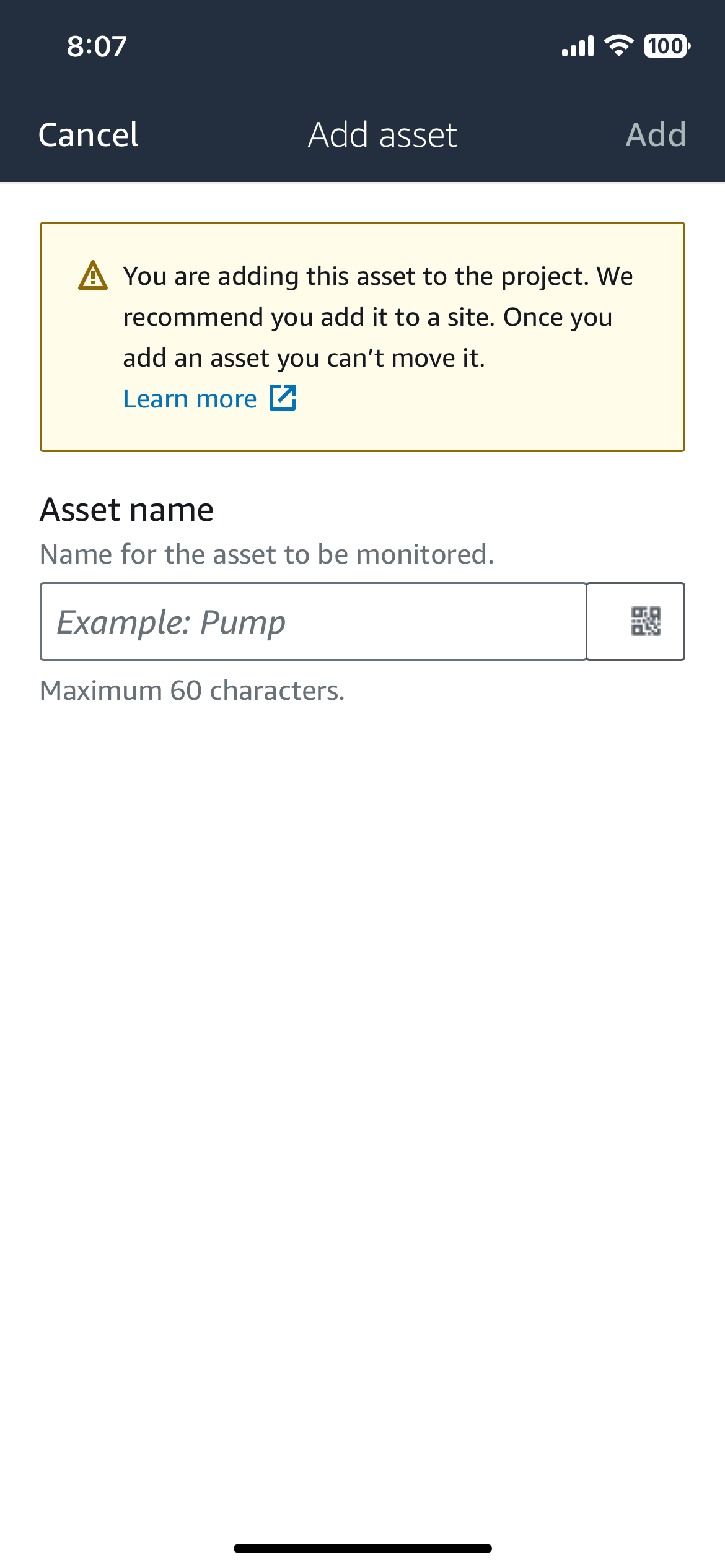 Add asset interface with warning message, asset name field, and example input.