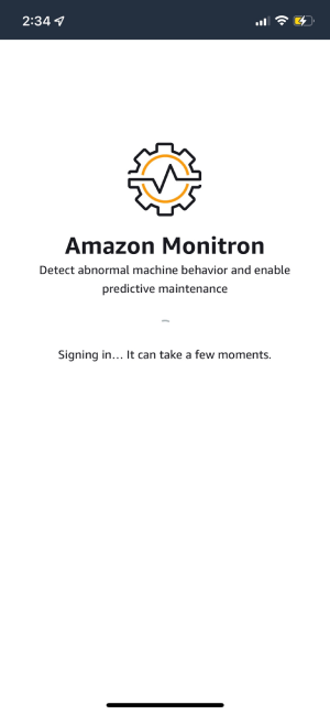 Amazon Monitron app sign-in screen with logo and description of service functionality.