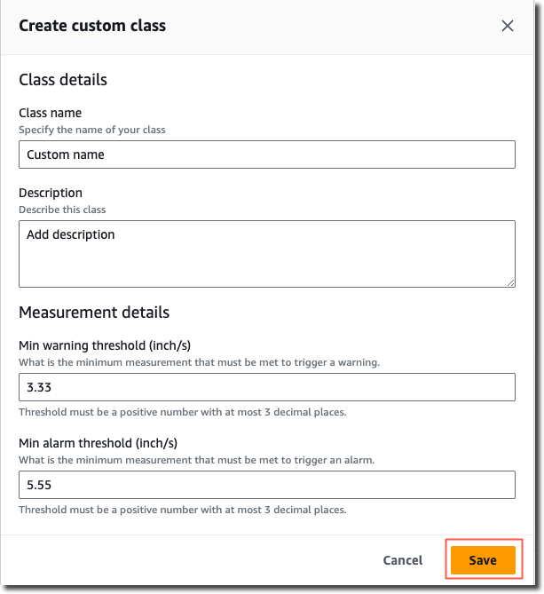 Form to create a custom class with fields for name, description, and measurement thresholds.