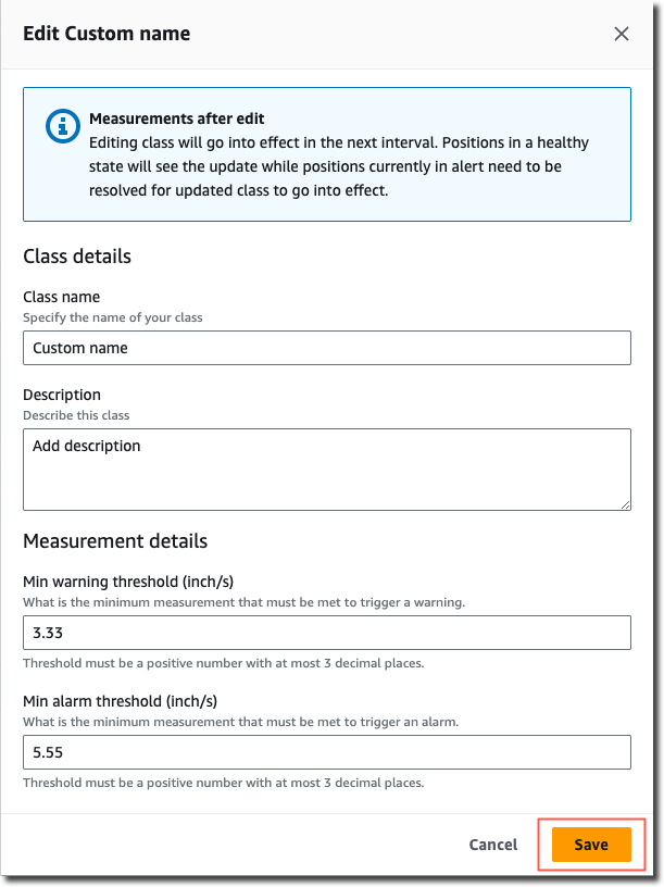 Edit Custom name form with class details and measurement thresholds for warnings and alarms.