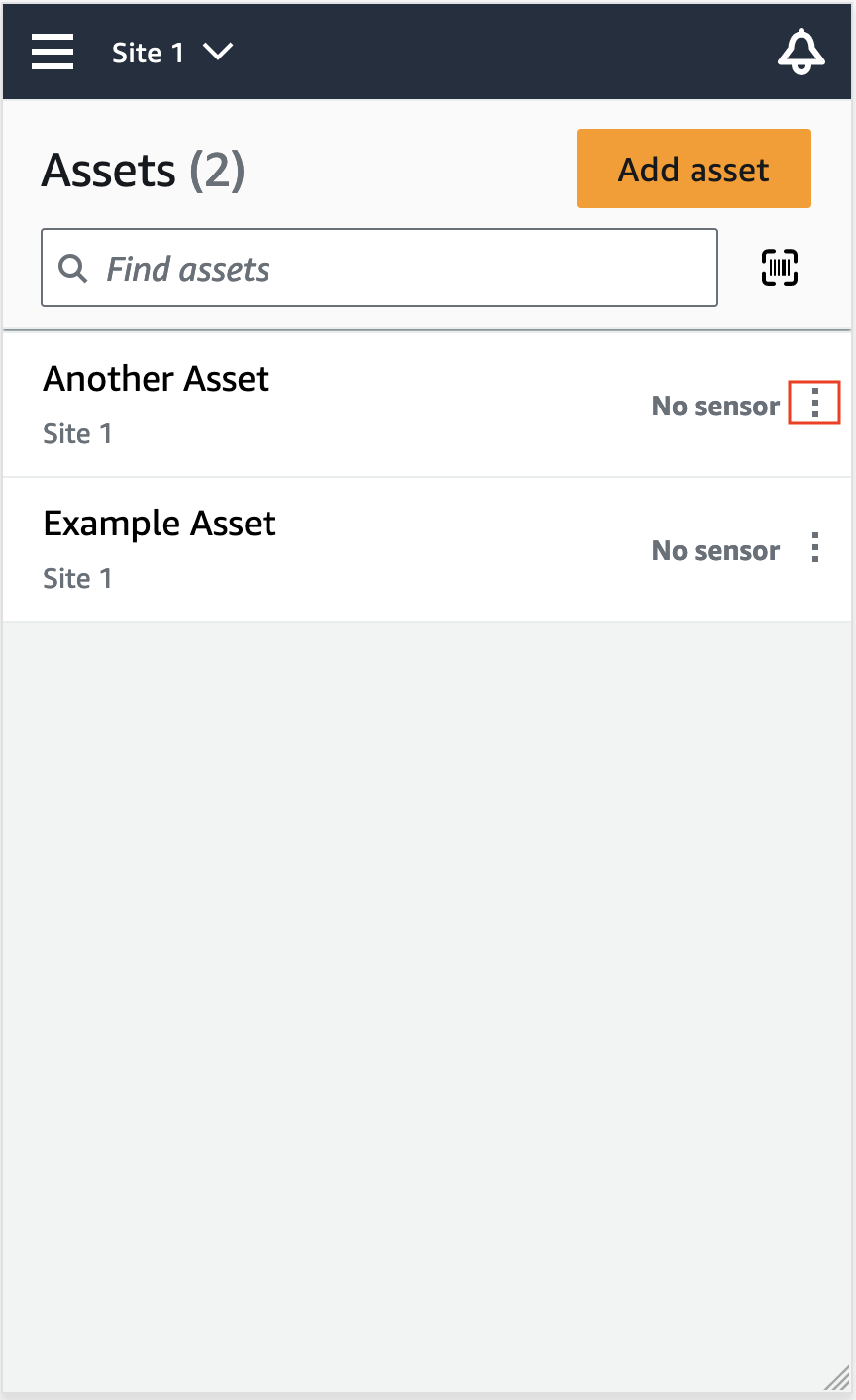 Assets page showing two listed assets with options to add or find assets.