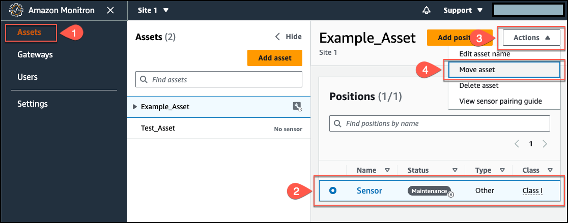 Assets page showing Example_Asset selected, with Actions menu expanded to Move asset option.