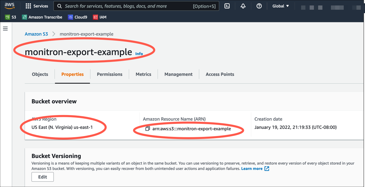 S3 bucket properties showing name, region, ARN, and creation date for monitron-export-example.