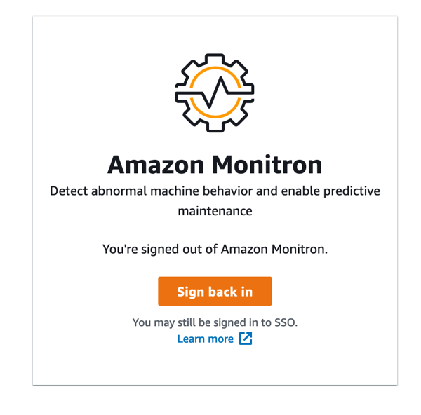 Amazon Monitron sign-out page with logo, service description, and sign back in option.