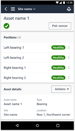 Mobile app interface showing asset health status with four healthy positions for bearings.