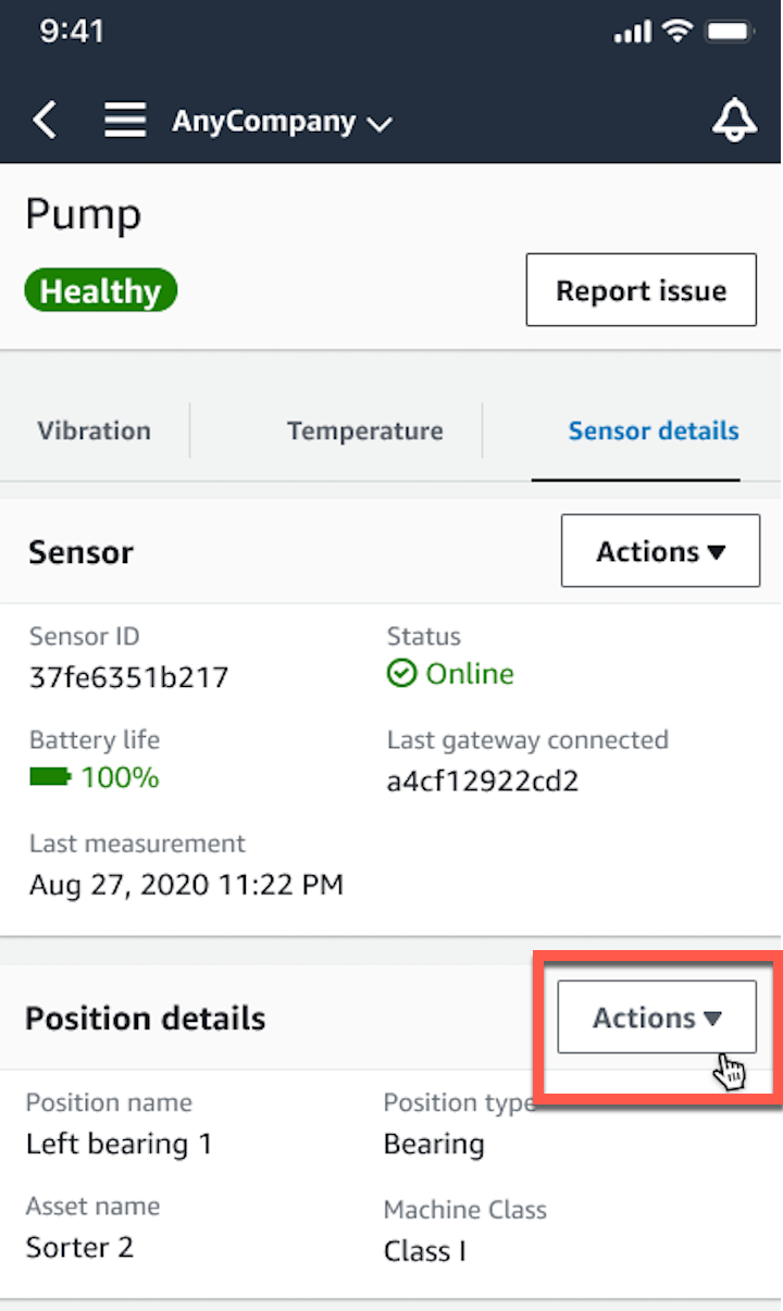 Sensor details page showing status, battery life, and position information for a pump.