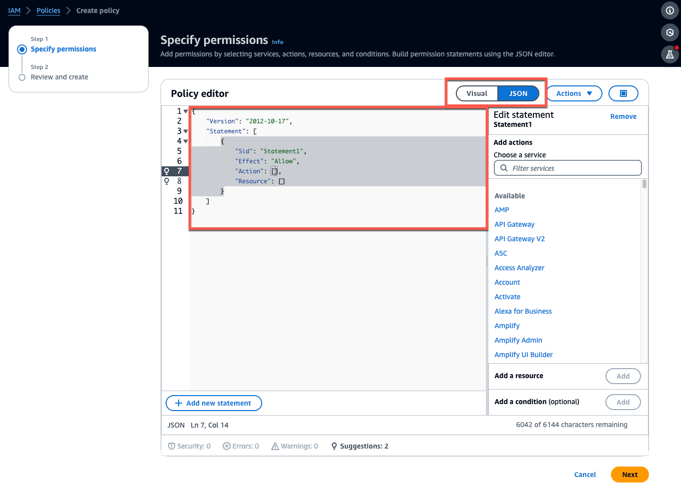 Policy editor interface showing JSON structure for specifying permissions in IAM.