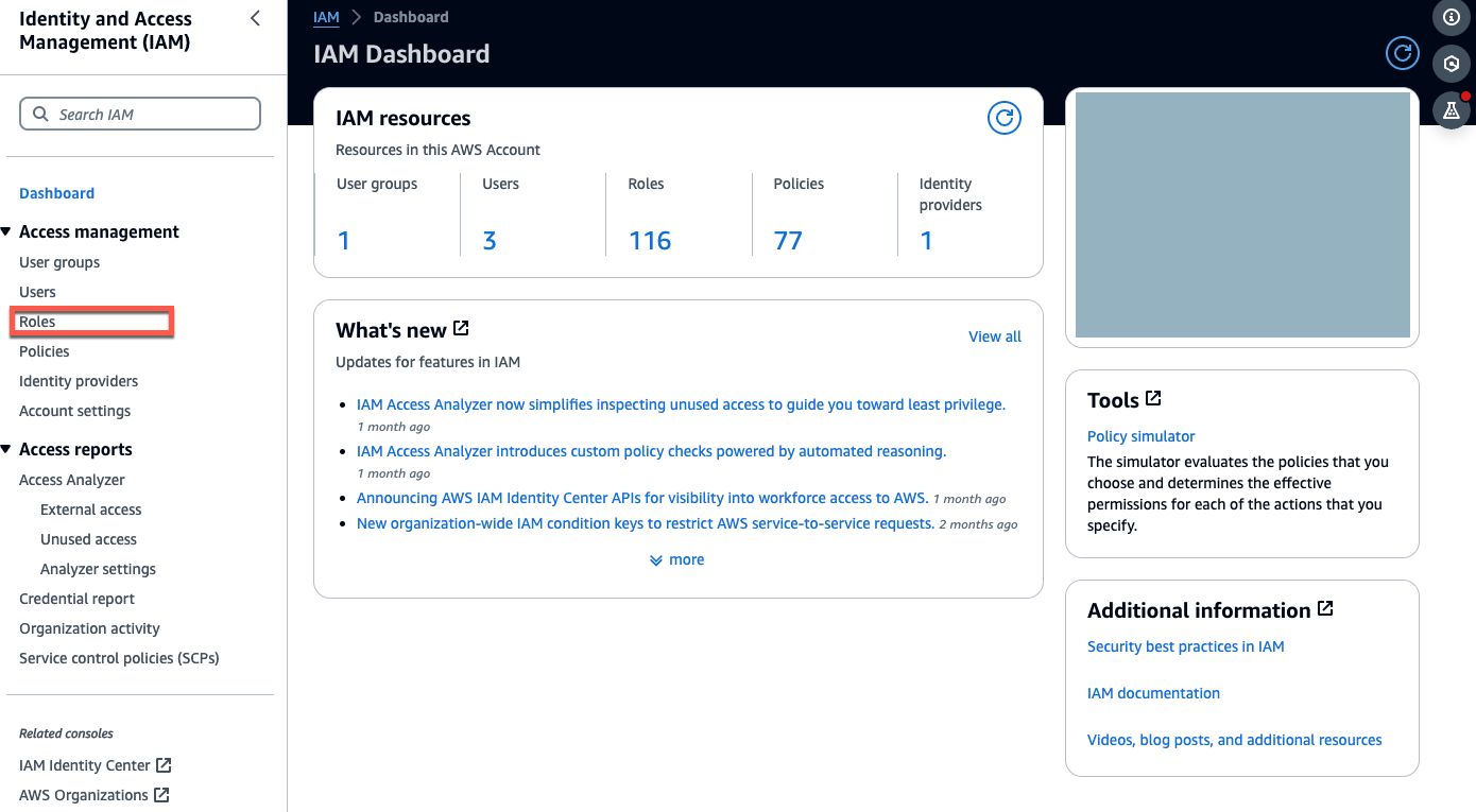 IAM Dashboard showing resource counts, recent updates, and available tools.