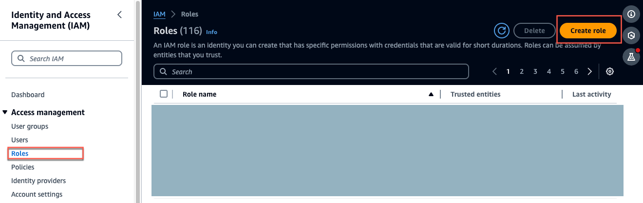 IAM roles interface showing 116 roles and a prominent "Create role" button.