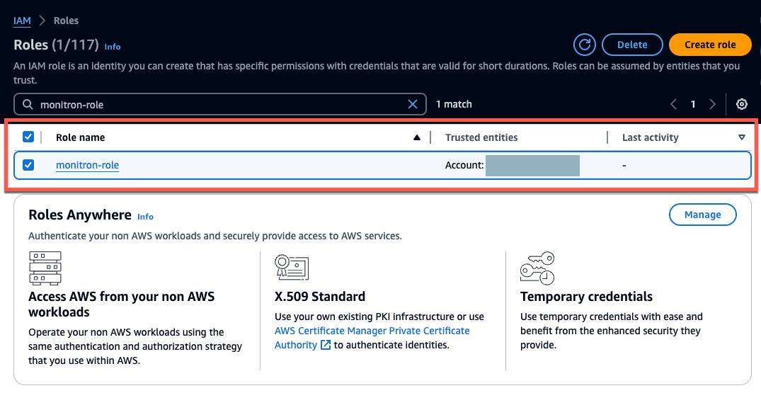 IAM Roles page showing search results for "monitron-role" with one matching role listed.