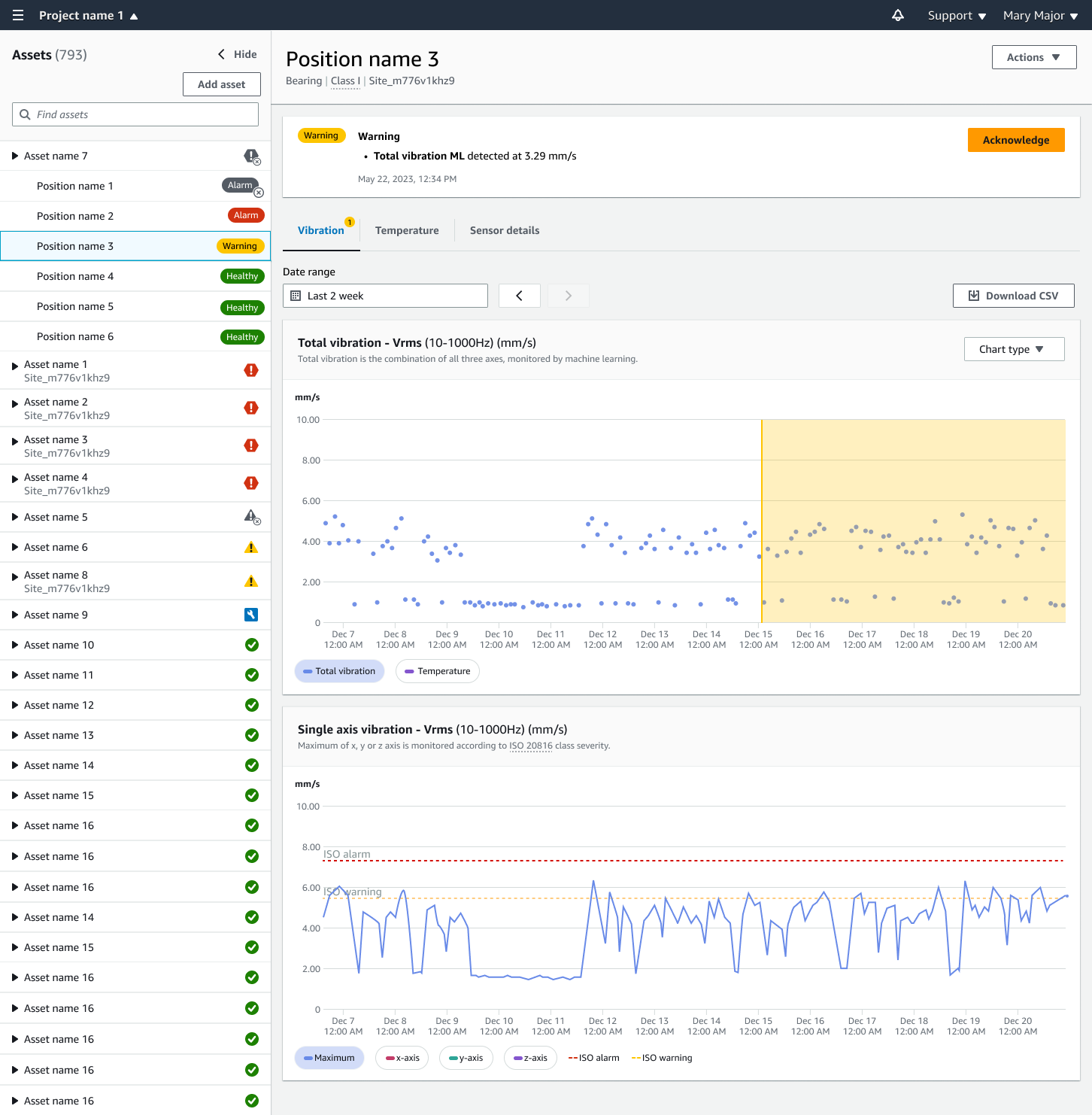 Dashboard showing vibration data for Position name 3, with warning alerts and graphs.