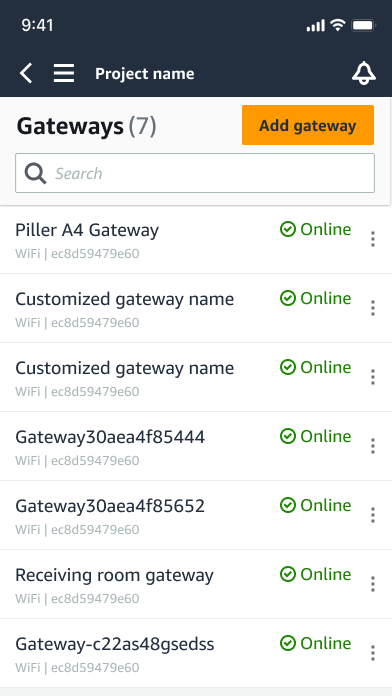 List of gateways showing names, connection status, and WiFi identifiers.