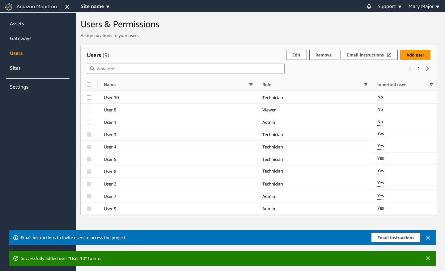 Users & Permissions interface showing a list of users with roles and inherited status.