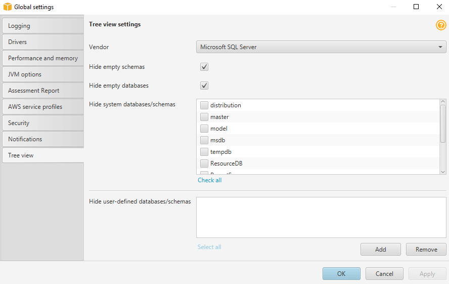 A seção Configurações de visualização em árvore da caixa de diálogo Configurações globais