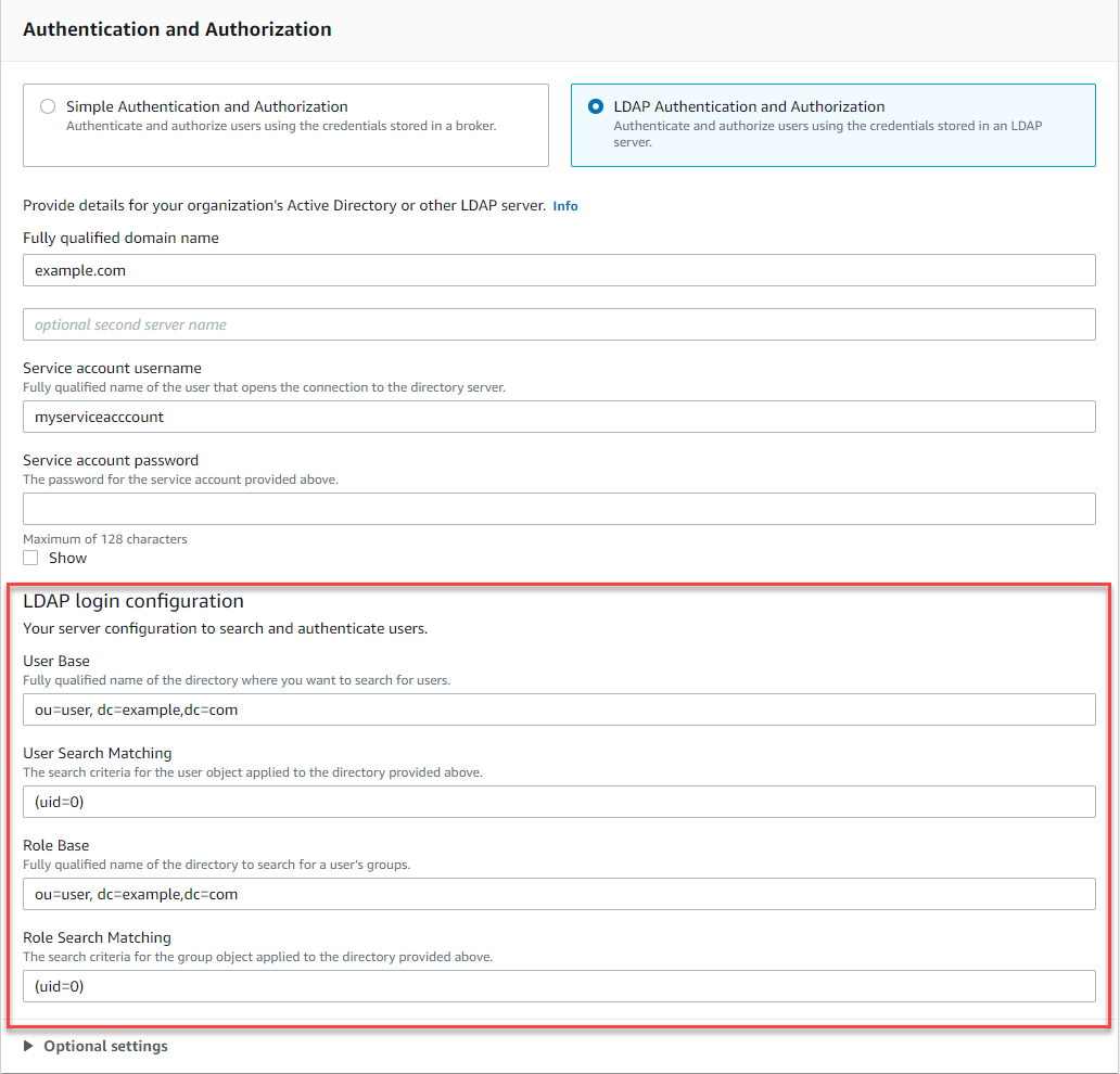 Onde especificar os detalhes de LDAP login.