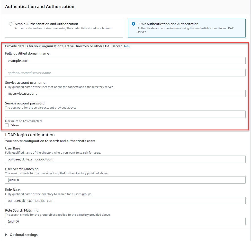 Onde especificar os detalhes da conta de LDAP serviço.