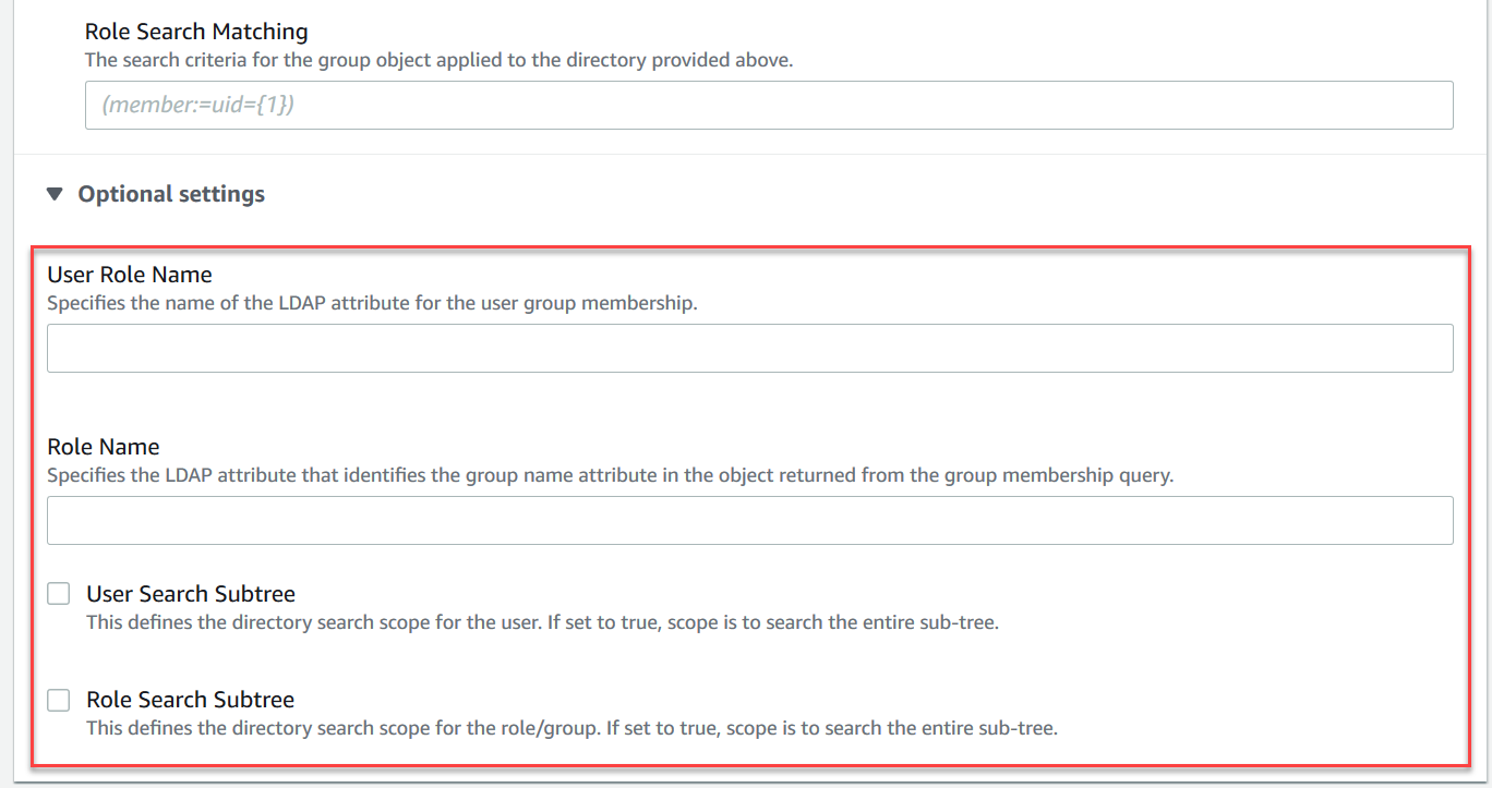 Optional settings for LDAP attributes and search scope in role search matching.