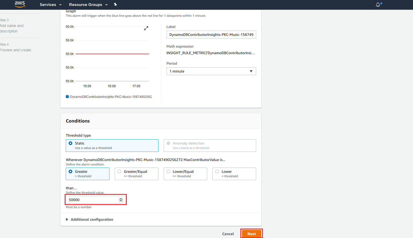 Captura de tela do console mostrando a guia Contributor Insights e botão.