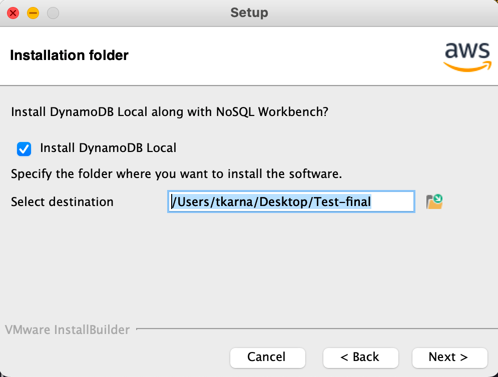 Tela de configuração para definir o destino de instalação do DynamoDB local.