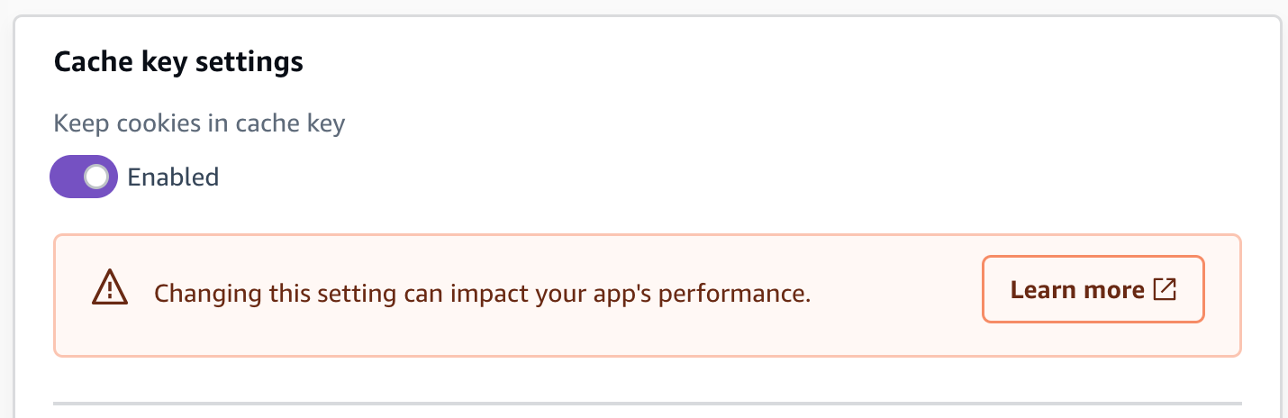 Captura de tela do botão Configurações da chave de cache no console do Amplify.