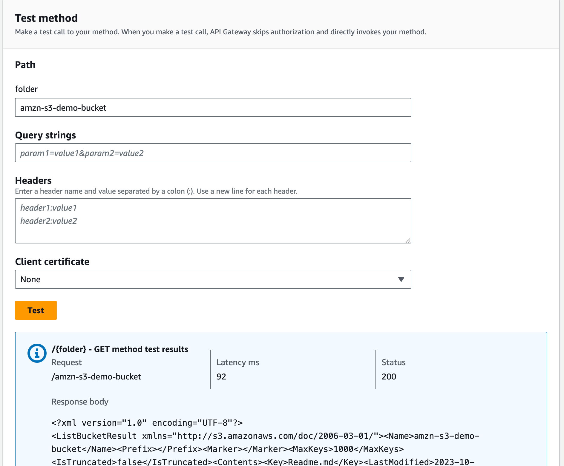 Teste o método GET para criar um bucket do Amazon S3.