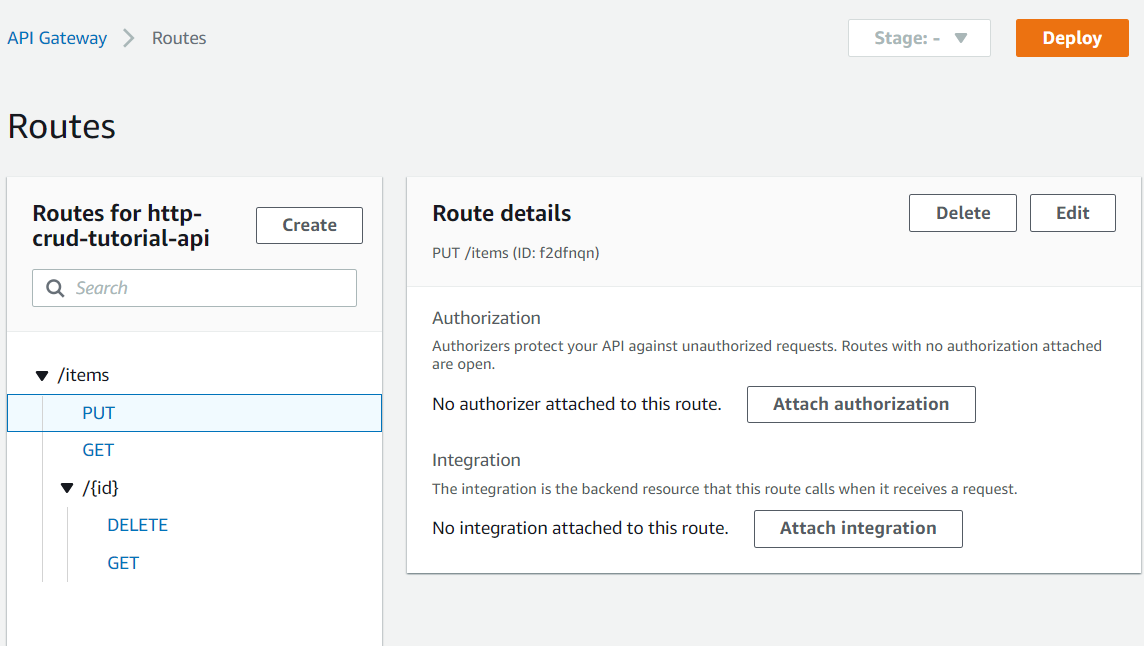 A sua API tem rotas para GET /items, GET /items/{id}, DELETE /items/{id} e PUT /items.