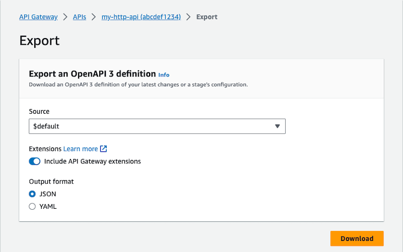 Opções de exportação para APIs HTTP.